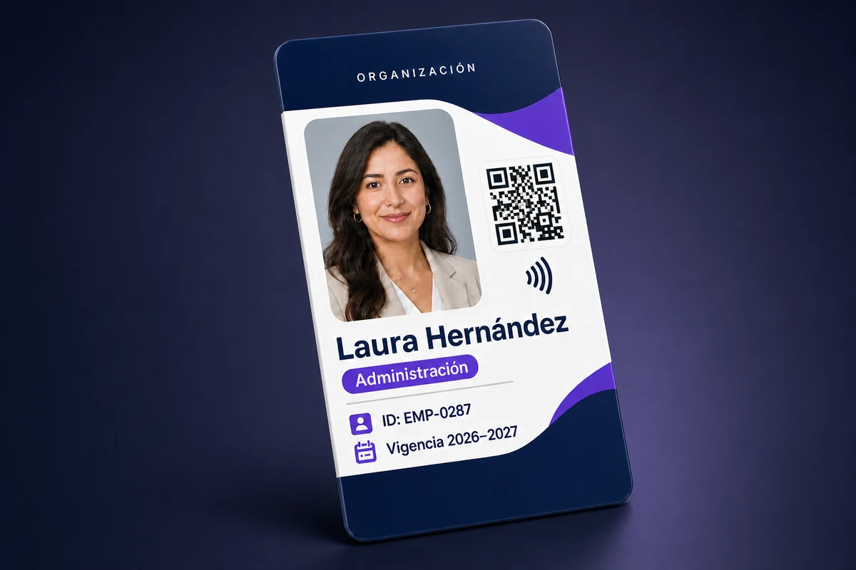 Render original de una credencial laboral con retrato generado de una profesionista ficticia, código QR y símbolo NFC.