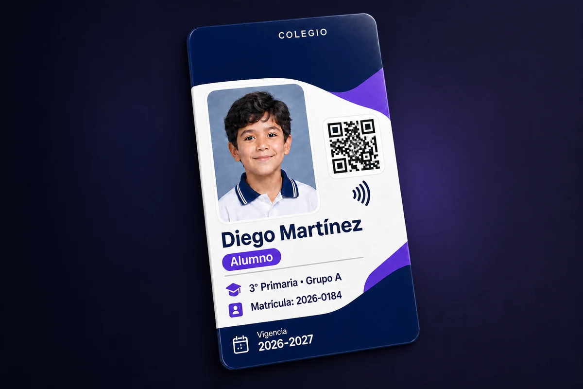 Render original de una credencial escolar con retrato generado de un estudiante ficticio, código QR y símbolo NFC.